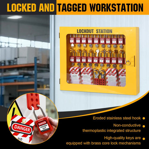 Built Tough Lockout Tagout Loto Station With 20 Heavy Duty Padlocks And 6 Steel Hasps Plus 60 Warning Tags For Bulletproof Industrial Electrical Job Site Safety Management