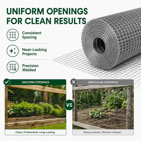 Heavy Duty Galvanized Hardware Cloth Wire Mesh Roll 1/4 Inch By 36 Inches Wide 100 Feet Long 23 Gauge Zinc Coated showing uniform openings.