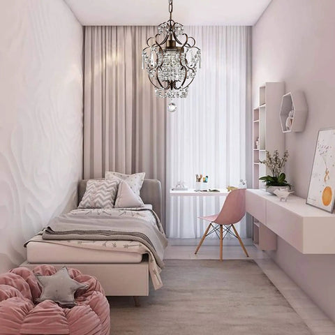 Chandelier Modern Mini Shabby Chic Cozy 1 Light Bronze Farmhouse Crystal Pendant Ceiling Fixture Foyer Pendant Lighting For Island Entryway Kitchen Sink And Small Girls Room Decor in elegant girls room setting.
