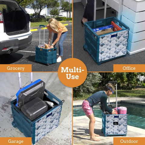 Ultra Slim Rolling Storage Cart With Telescopic Handle Collapsible Utility Cart in use at grocery, office, garage, and outdoor