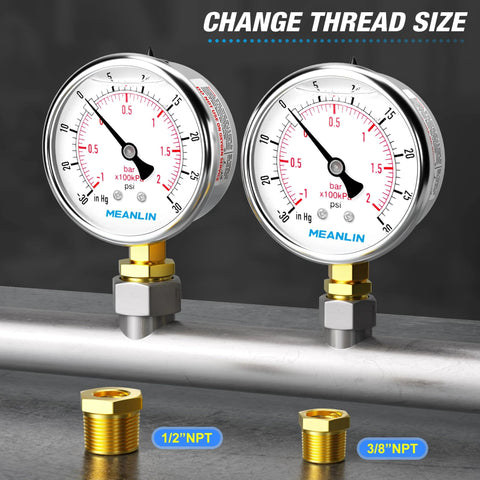 Two MEANLIN MEASURE stainless vacuum pressure gauges, 2.5-inch dials, lower mount, with 1/2 in and 3/8 in NPT bushings