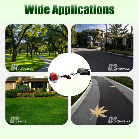 Gas Powered Handheld Sweeper For Driveways And Lawns, 2.3HP 52cc Outdoor Broom With Air Filter, Manual Puller, And High Density Nylon Brush, Wide 20 Inch Sweep For Snow, Leaves, Debris On Turf, Street, And Artificial Grass in use on lawns, driveways, and sidewalks
