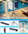 Outdoor Pool Towel Rack With Four Adjustable Arms Freestanding 51 To 71 Inches Height Foldable Drying Rack by a poolside.