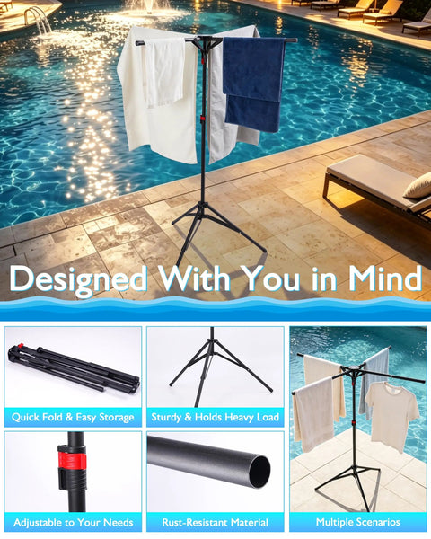 Outdoor Pool Towel Rack With Four Adjustable Arms Freestanding 51 To 71 Inches Height Foldable Drying Rack by a poolside.