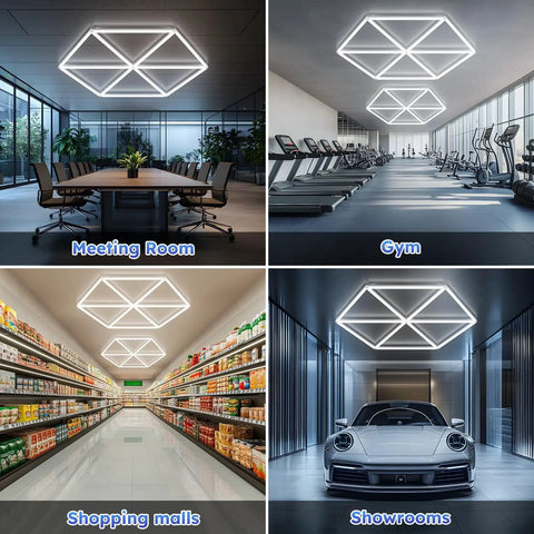 Triangle Hexagon LED Ceiling Lights 12 Pack 710W 78,100LM Honeycomb Design For Garage Workshop Warehouse And Gym installed