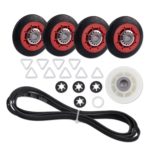 Must Have Dryer Repair Kit With Belt, Drum Rollers And Idler Pulley For 3000 Series Dryers, visible components on white background