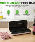 Automatic Vacuum Sealer For Food Storage With Starter Kit and Quick Start Guide on a kitchen counter with sealed meat and wine bottle hose