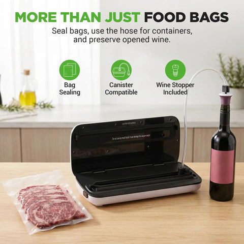 Automatic Vacuum Sealer For Food Storage With Starter Kit and Quick Start Guide on a kitchen counter with sealed meat and wine bottle hose