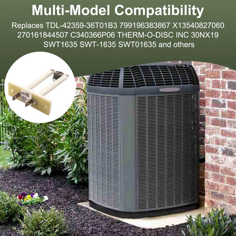 Exterior view of HVAC unit with inset of Thermal Limit Switch for Furnace Overheat Protection 180F L18030 Cutoff Safety Device for American Standard and Trane Furnaces SWT01635 and SWT1635 Compatible.