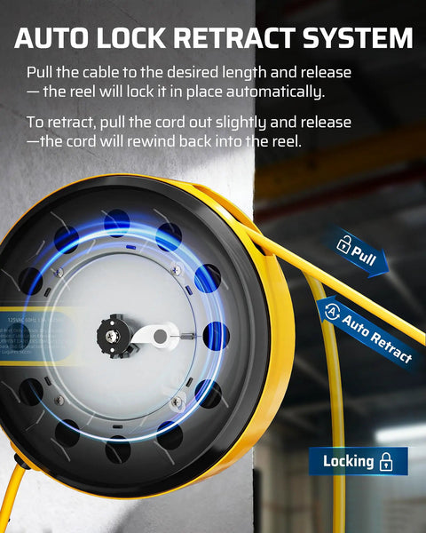 Retractable Extension Cord Reel With Ceiling And Wall Mount 30 Feet Of 14 Gauge Power Cord Auto Retracting System Locking Stopper Tangle Free Design DIY Friendly Cable Management For Workshop Garage And Home Projects, auto-lock system