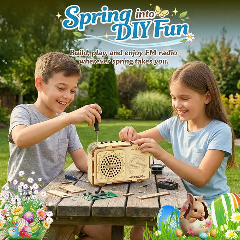 Totally Kid Friendly FM Radio Kit For Ages 8 To 13 Build A Working Radio With A DIY Wooden 3D Puzzle STEM Toy Safe Basswood Educational Science Kit For Kids 88 To 108 MHz, kids assembling basswood FM radio