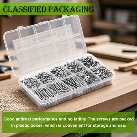 M2.5 Hex Socket Head Cap Screws Kit Pro Grade Assortment In Lengths 4mm, 6mm, 8mm, 10mm, 12mm, 16mm, 20mm, 25mm, 304 Stainless Steel Bolts With Nuts, Includes Hex Wrench, 533 Pieces, Built Tough And Corrosion Resistant in open plastic box on table