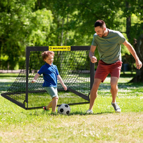 Portable 4x3 Ft Pop Up Soccer Goal For Backyard And Indoor Use with child and adult playing soccer in grass