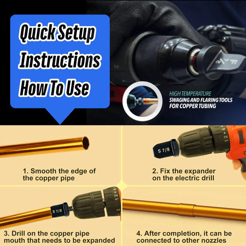4 Piece Copper Line Flare Set For Drills 1/4 To 5/8 Inch, DIY Friendly HVAC Flare Kit instructions with drill and copper pipe