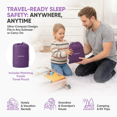 Father and child packing Inflatable Toddler Bed Rails 2 Pack Portable Travel Bed Bumpers With Non Slip Washable Covers