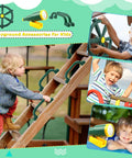 4 Piece Kids Outdoor Playset Accessories Featuring A Plastic Steering Wheel Telescoping Telescope And Safety Handles For Garden Backyard Treehouse And Playhouse Fun In Green Set 1 displayed in use with children enjoying play