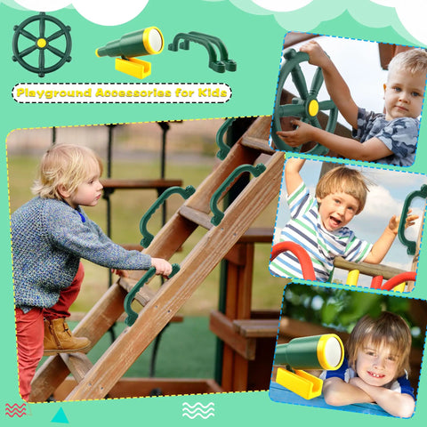 4 Piece Kids Outdoor Playset Accessories Featuring A Plastic Steering Wheel Telescoping Telescope And Safety Handles For Garden Backyard Treehouse And Playhouse Fun In Green Set 1 displayed in use with children enjoying play