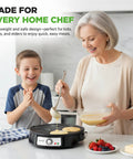 Woman using Electric Crepe Maker And Griddle 12 Inch Nonstick Reversible Hot Plate to make pancakes with child