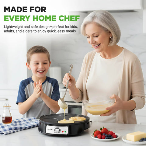 Woman using Electric Crepe Maker And Griddle 12 Inch Nonstick Reversible Hot Plate to make pancakes with child