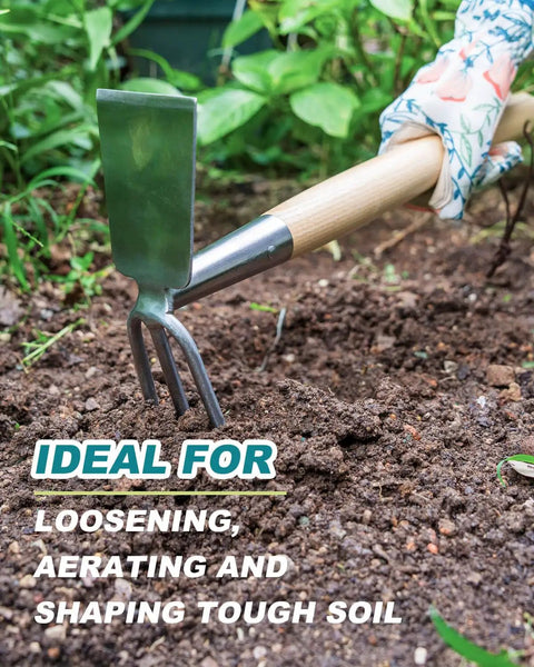 Use of All In One Double Sided Garden Rake And Cultivator Tool With Wood Handle in soil