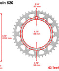 Beefed Up Drive Chain And Front And Rear Sprockets Kit For Yamaha WR250R 2009 2020 And WR250X 2009 2011, 43T Sprocket Dimensions