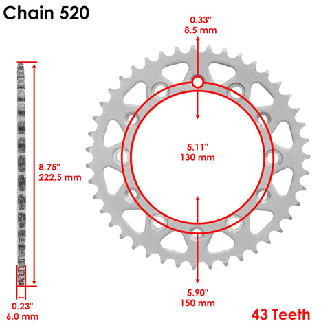 Beefed Up Drive Chain And Front And Rear Sprockets Kit For Yamaha WR250R 2009 2020 And WR250X 2009 2011, 43T Sprocket Dimensions