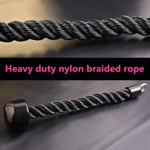 Beefy Heavy Duty Tricep Rope Attachment For Cable Machines Easy Grip Non Slip Rope With Stainless Steel Snap Hook on black surface.