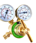 SÜA oxygen and propane regulator pair, angled front view with dual gauges, brass body, rear-entry LDB series