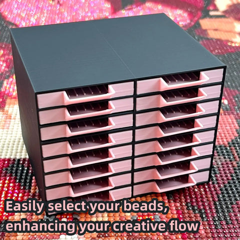 All-In-One 16-Drawer Diamond Art Tray Organizer Rack For Diamond Painting Supplies, Solid Black with pink drawers