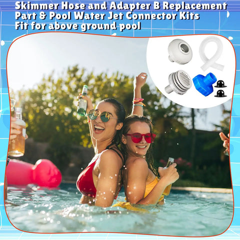 All In One 8 Piece Water Jet Connector Kit For Above Ground Pools With Skimmer Hose, as shown with happy swimmers