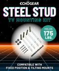 Heavy Duty Steel Stud TV Mounting Kit For Fixed And Tilt Sets Secures Flat Screens Up To 175 Pounds On Metal Walls with drill bits and fasteners.