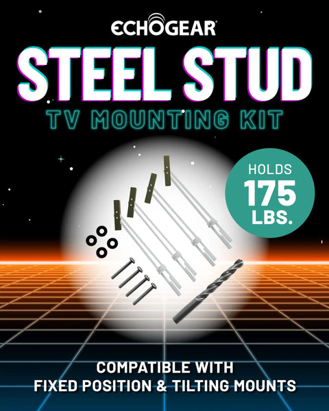 Heavy Duty Steel Stud TV Mounting Kit For Fixed And Tilt Sets Secures Flat Screens Up To 175 Pounds On Metal Walls with drill bits and fasteners.