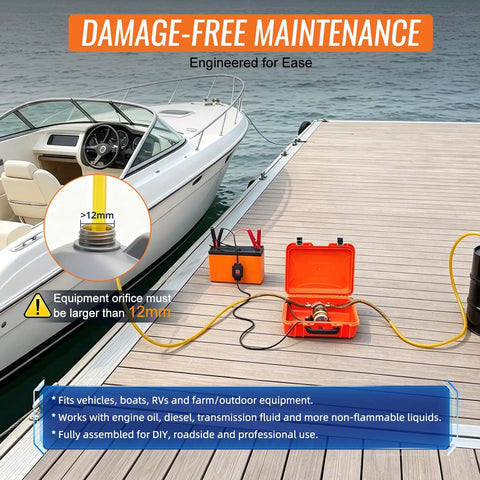 No Sweat All In One Electric Oil Change Extractor Pump Kit 12V 24V Fluid Transfer Tool with thick tubing and orange case near boat.