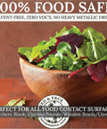 Wooden bowl with salad, promoting Danish Oil Wood Finish For Furniture And Rustic Pieces, Fast Curing Primer For Oil Or Epoxy Finishes.