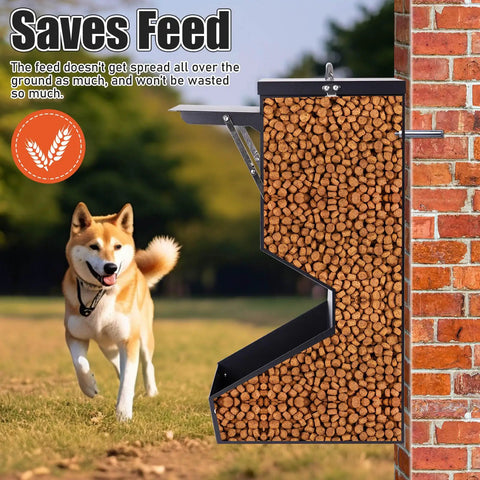 Set And Forget Outdoor Dog Feeder With Sturdy Rain Cover 25 Pound Gravity Kibble Bowl for large breeds with kibble inside.