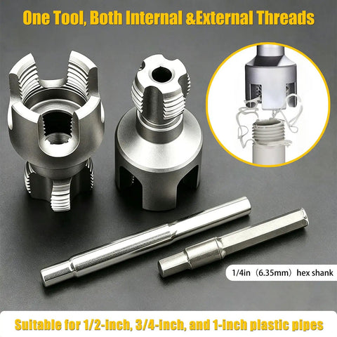 Drill Powered PVC Pipe Threader Dual Function Internal And External Threads tool with attachments for 1/2, 3/4, 1 inch pipes