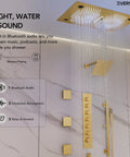 Luxury Ceiling Mount Shower System With Integrated Bluetooth Music Player And Brushed Gold Rainfall Panel, showing Bluetooth audio controls and waterfall.