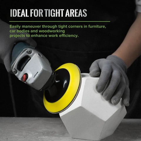 Rugged Five Inch Hook And Loop Sanding Pads With 5 8 11 Screw Thread And Cushioned Foam Backing For angle grinders and power drills used on a geometric shape.