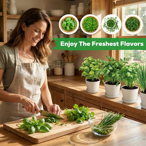 Woman using Indoor Herb Garden Starter Kit For Home Chefs And Plant Lovers Full Complete Pack With Four Heirloom Non GMO Culinary Herb Seeds, Four Planter Pots, Easy Tools And Markers, A Thoughtful Gift For Mom Women Birthday Housewarming Garden Enthusiasts in kitchen