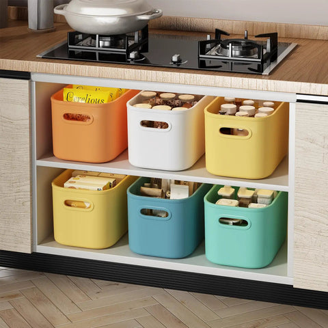 10 Pack Colorful Plastic Storage Bins With Handles For Shelves Or Cabinets Durable Organizer Boxes In Kitchen Cabinet