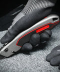 Heavy Duty Box Cutter Retractable Knife With 2 In 1 Cutting Modes, Auto Retracting Safety Knife And 3 Position Lock, Zinc Alloy Build, Blade Storage, Includes 3 SK4 Blades For Tough Jobs held in gloved hand