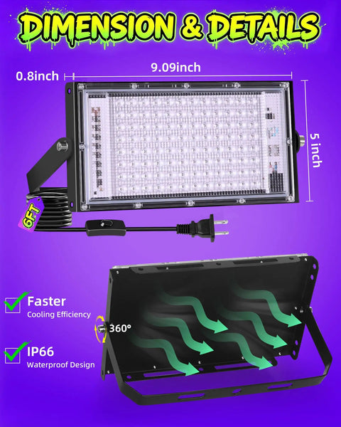 2 Pack 100 Watt Black Light Floodlight IP66 Waterproof Dope Fluorescent Glowing UV Lamp For Halloween Bash And Outdoor Glow Party Yall Need This Hecka Bright Setup For Total Vibes