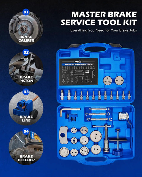All In One 34 Piece Brake Caliper Tool Set With 11 Adapters Swivel Pad Spreader Piston Compressor Tools Brake Line Cutter And Bender in open case