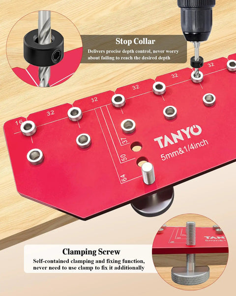 Close-up of the 11 Hole Shelf Pin Jig With Adjustable Setup And Fast Clamp showing 5mm and 1/4 inch drill bit guides.
