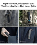 ArkPro EDC Flat Flashlight Rechargeable USB C Pocket Light clipped to denim, backpack, bag, and suit pocket