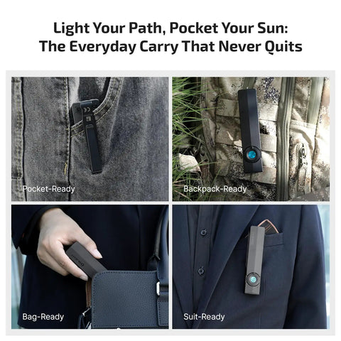 ArkPro EDC Flat Flashlight Rechargeable USB C Pocket Light clipped to denim, backpack, bag, and suit pocket
