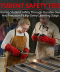 Instructor and student wearing red welding gloves, conducting metalwork in a workshop, focusing on safety with protective gear.