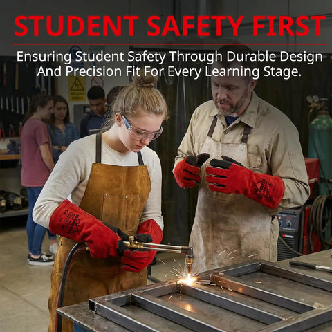 Instructor and student wearing red welding gloves, conducting metalwork in a workshop, focusing on safety with protective gear.