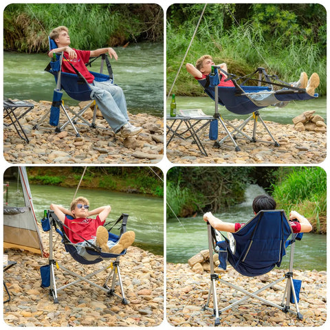 Two Pack Aluminum Hammock Chair With Footrest for Lazy Sundays beside a river, showing adjustable seat and lightweight frame.