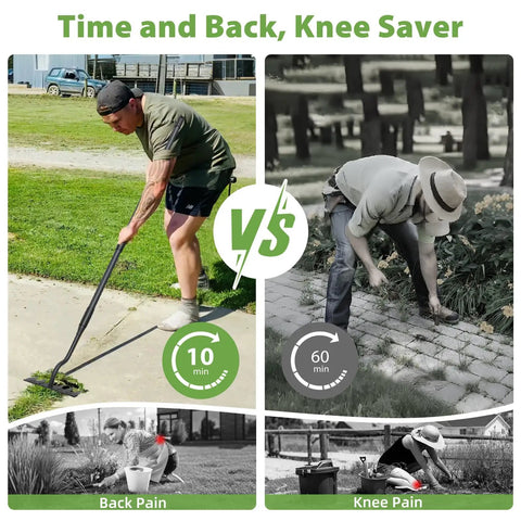 Comparison of manual weeder tool with 6 tines garden rake versus traditional kneeling method for lawn cleanup